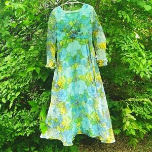 Vintage 60s 70s Ruffled Floral Maxi Prairie Dress Cottagecore Formal 1960s 1970s
